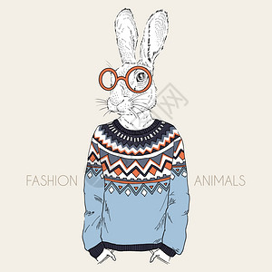 提花机拟人化兔子穿着提花套衫的时尚插图插画
