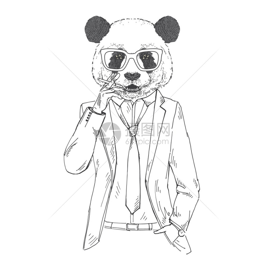 熊猫男穿着办公室风格的吸烟图片