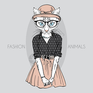 可爱图案裙子可爱的猫女孩嬉皮士插画