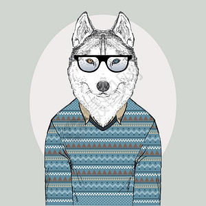 戴眼镜哈士奇穿着套衫的哈士奇男的肖像插画