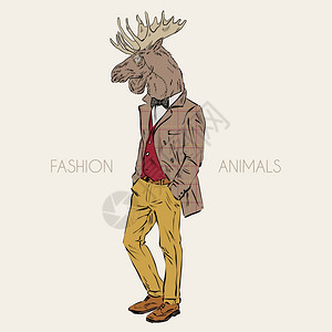 驼鹿嬉皮士的拟人化手绘插图打扮驼鹿嬉皮士背景图片