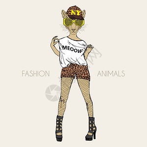 拟人化时尚插画豹子打扮的时尚风格背景图片