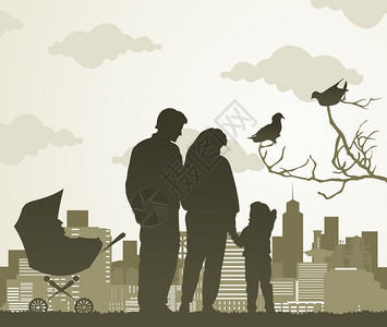 家庭散步两个孩子的家庭步行个城市矢量插图图片