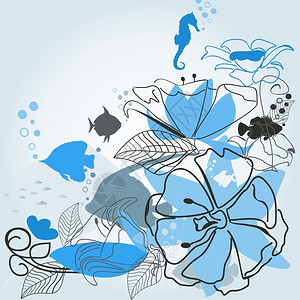 蓝色背景朵花鱼矢量插图图片