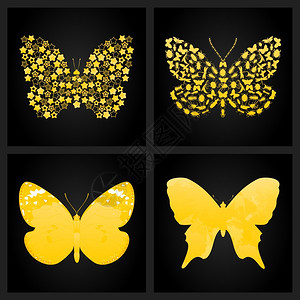 金黑色背景上的四只金蝴蝶矢量插图图片