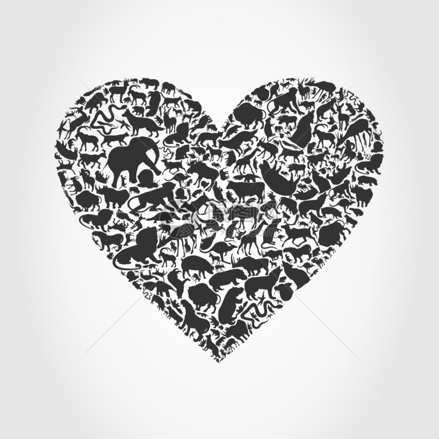 由动物制成的灰色心脏矢量插图图片