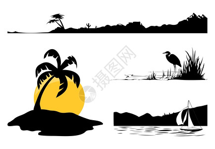 岛叶景观2黑色的风景树木矢量插图插画