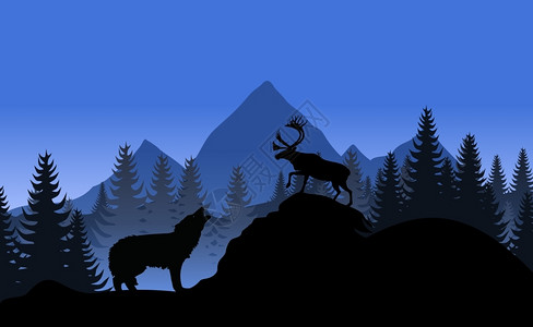 森林狩猎山景山景狼鹿矢量插图插画