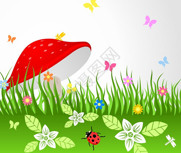 侧壁重机的Jamb红蘑菇生长草地上矢量插图插画
