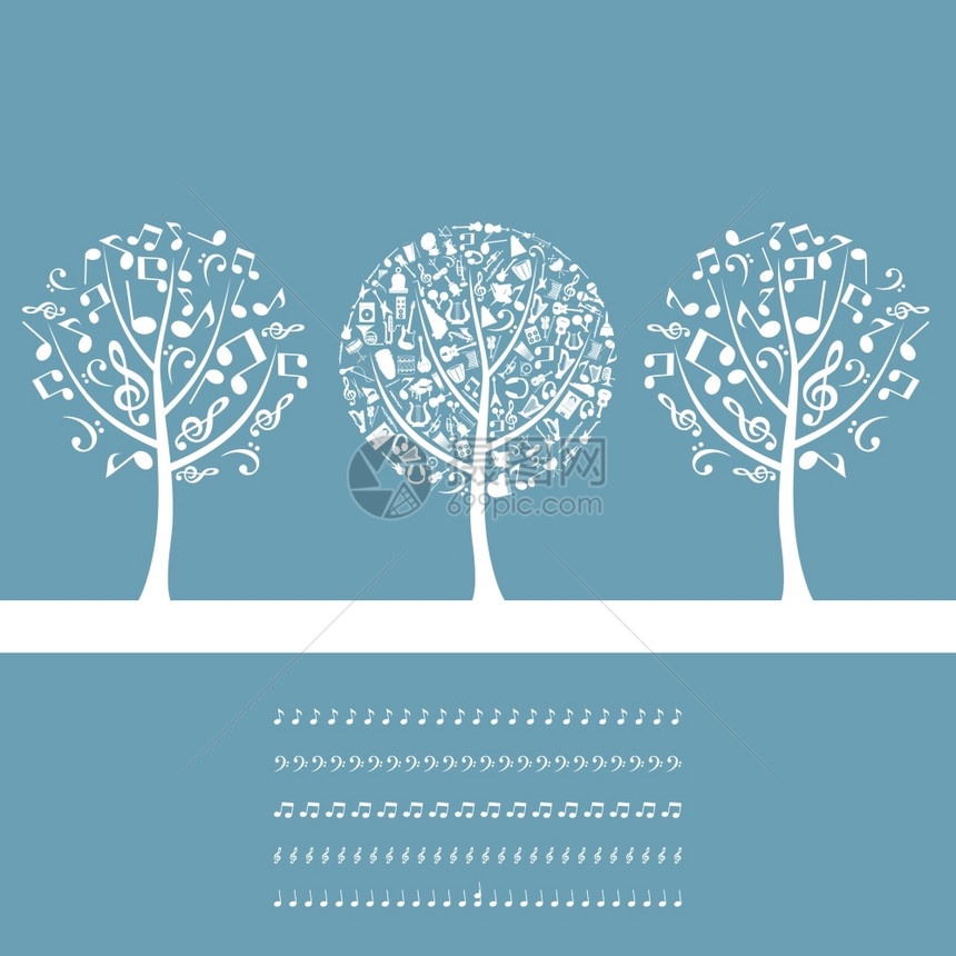 音乐树三棵蓝色背景的音乐树矢量插图图片