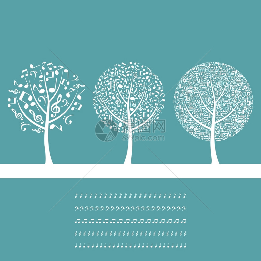 三棵蓝色背景的音乐树矢量插图图片