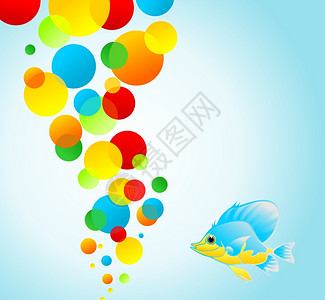 蓝色漂浮球小鱼球蓝色小鱼多色球矢量插图插画