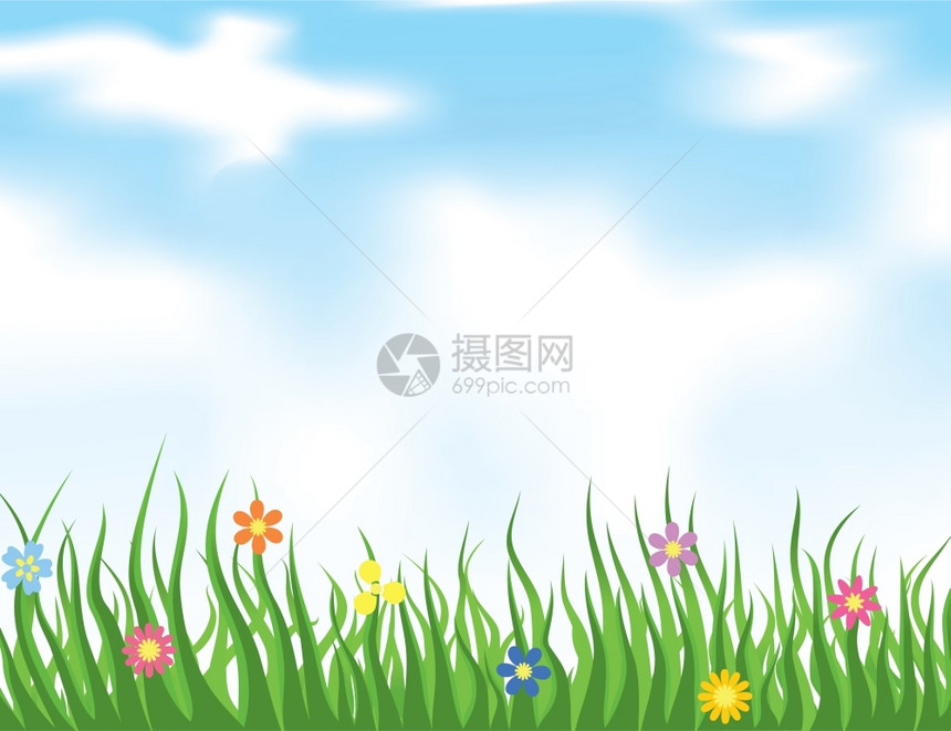 夏天草地上的草蓝天矢量插图图片