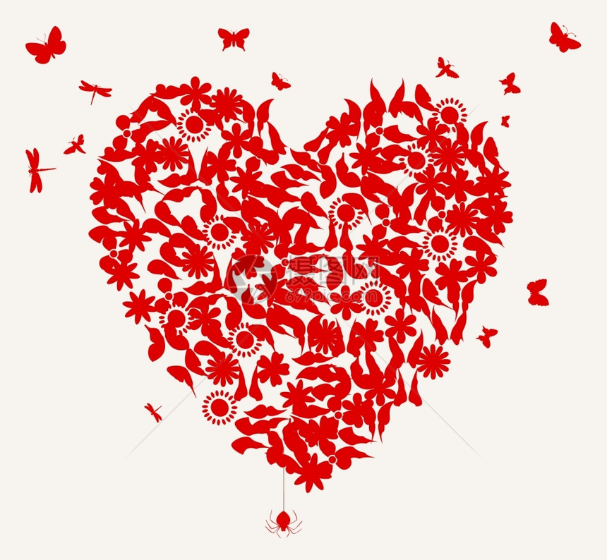 结婚的心来自蝴蝶红色花朵的心矢量插图图片