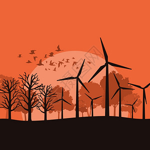 鸟化石风力发电机的木材成本矢量插图插画