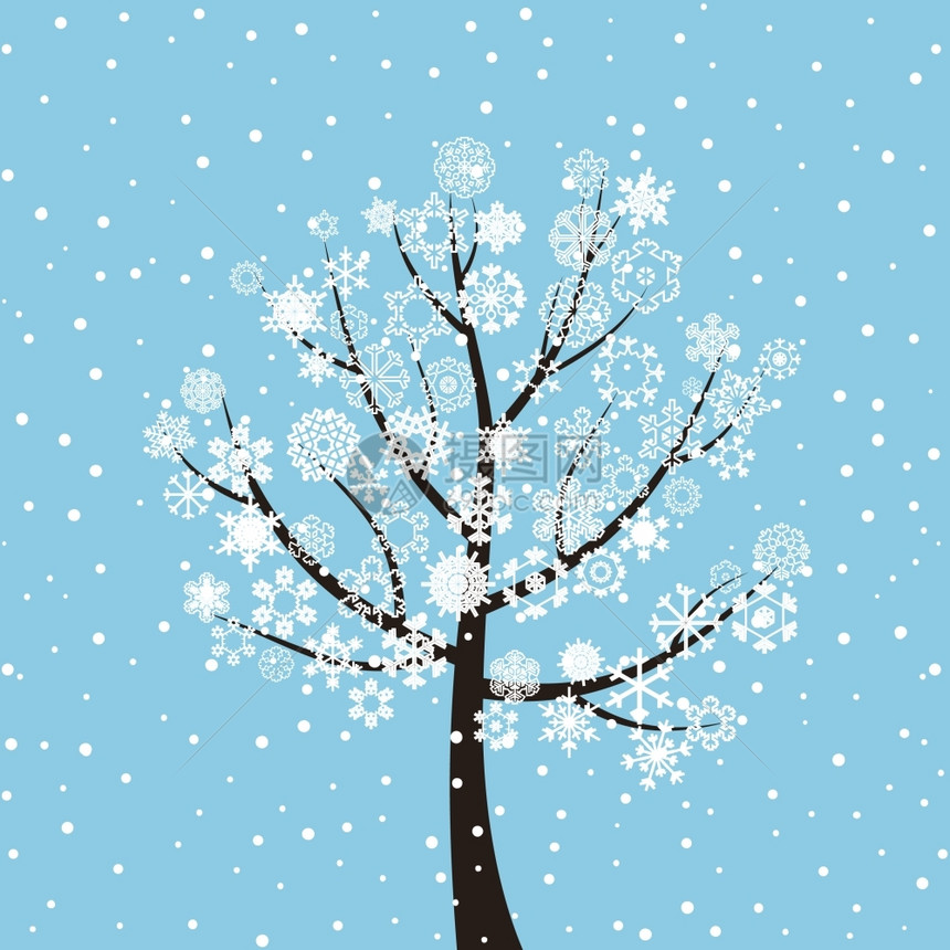 深蓝色背景下的冬季树矢量插图图片