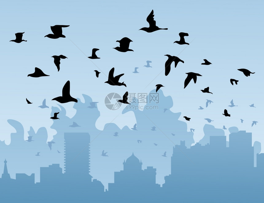 城市上空的鸟鸟飞过座城市矢量插图图片