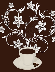 咖啡花咖啡杯里,花就长出来了矢量插图图片