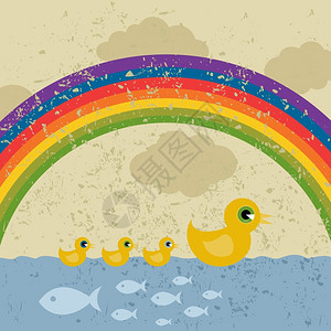 彩虹下的鸭子鸭子小鸭子漂浮水上矢量插图图片