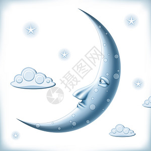 篮天天空中的蓝色月亮云星星插画