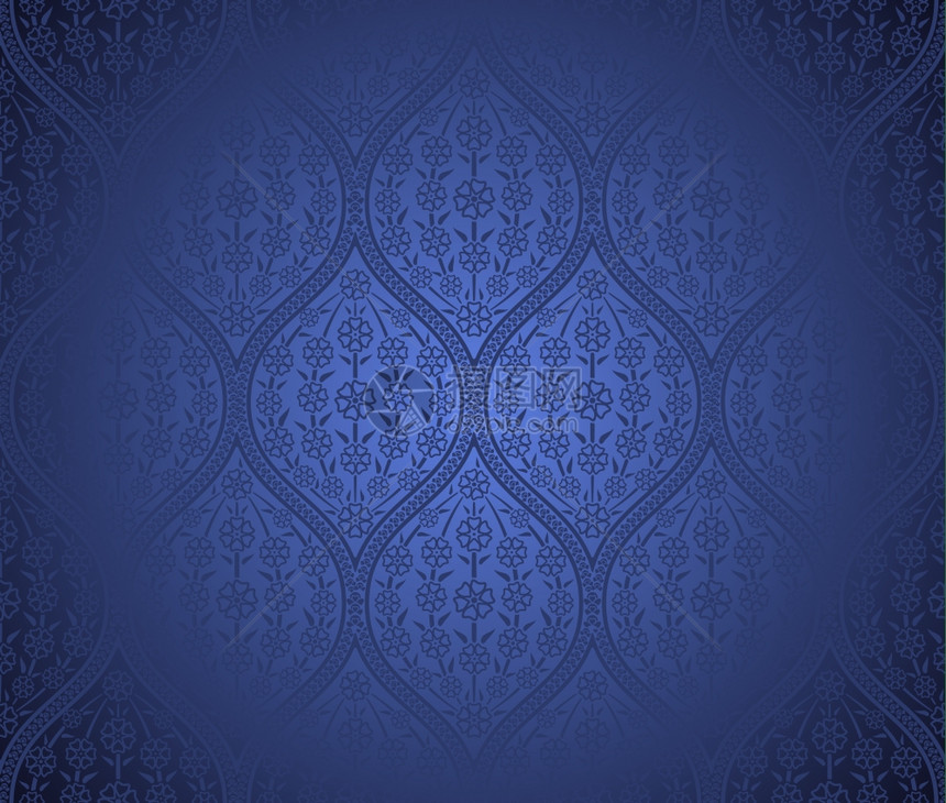 矢量无缝摩洛哥蓝色图案背景与花图片