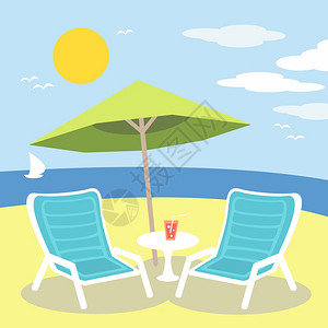 阳伞躺椅躺椅上的海洋海滩矢量插图插画