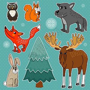 冬季森林可爱动物矢量插图图片