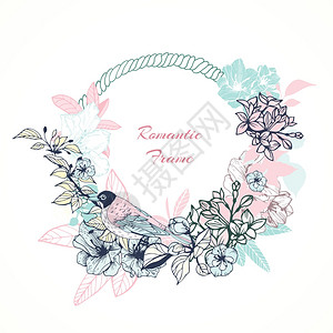 温柔的浪漫框架与鸟类花卉矢量插图背景图片