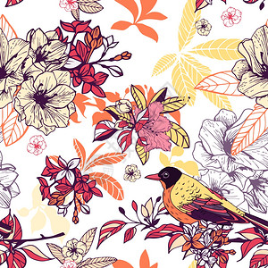 无缝花卉图案与鸟类矢量插图图片
