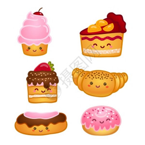 奥斯特莱尔收集甜点,牛角包蛋糕馅饼分离矢量插图插画