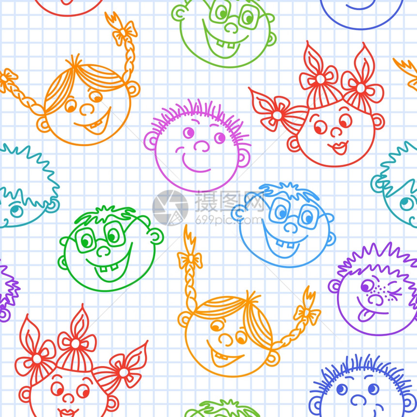 无缝涂鸦微笑的孩子模式矢量插图图片