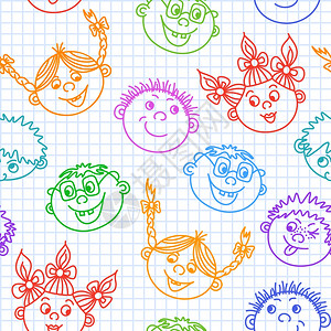 无缝涂鸦微笑的孩子模式矢量插图图片