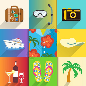 阿罗哈衬衫旅行度假图标太阳帽相机海滩鞋矢量插图图片