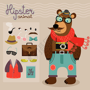 时尚人物包为极客动物泰迪熊与配件服装部元素矢量插图背景图片