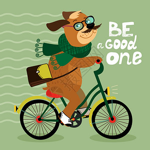 时尚海报与书呆子狗骑自行车矢量插图图片