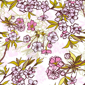 无缝背景图案与开花樱桃樱花元素矢量插图背景图片