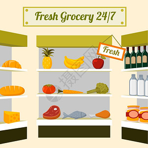 新鲜食品水果,蔬菜,肉,鸡肉,鱼饮料商店货架上的矢量插图图片