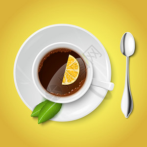 茶特写顶部视图的现实白色杯子充满红茶,柠檬薄荷矢量插图插画