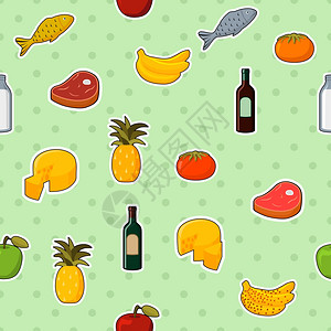 超市食品无缝图案的新鲜天然蔬菜,水果,肉类奶酪矢量插图背景图片