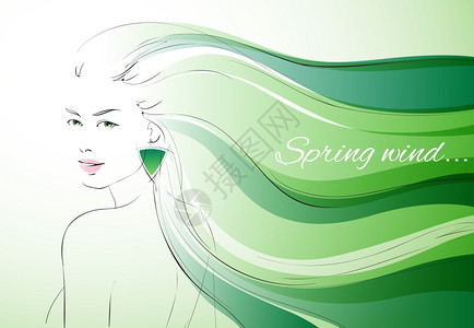 春天背景的风与富表现力的女人与波浪头发矢量插图背景图片