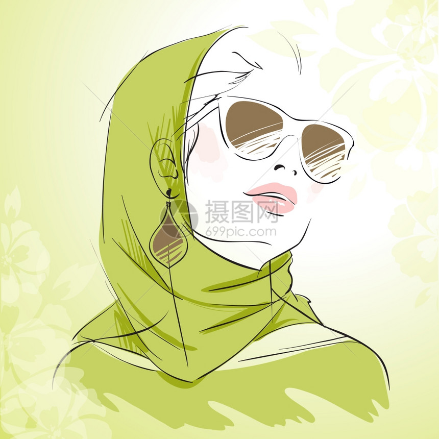 春季时尚女孩肖像绿色戴头巾与花卉背景矢量插图图片