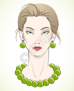 珠子项链优雅的轻模特肖像与绿色珠子耳环矢量插图插画