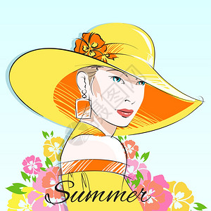 夏季时尚女孩戴着黄色帽子,带花卉装饰矢量插图背景图片