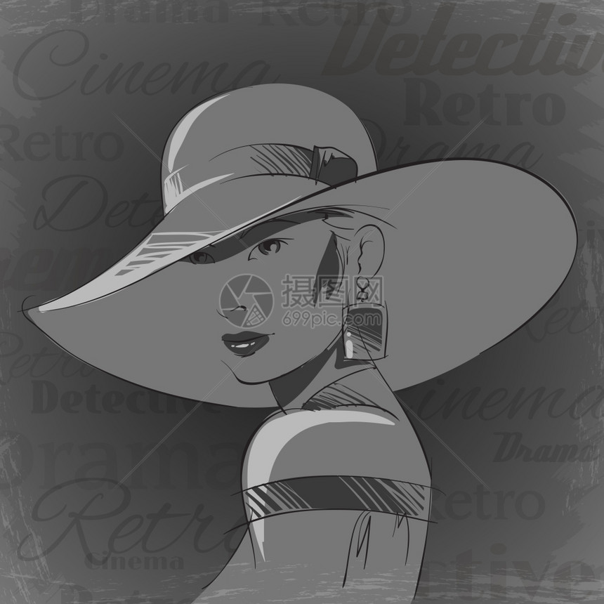 老式电影妇女肖像戴宽边帽子矢量插图图片
