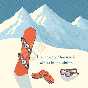 滑雪板冬季山地景观背景复古海报矢量插图图片