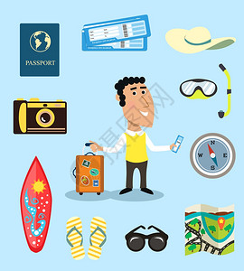 度假商务旅行者角色手提箱护照机票矢量插图图片