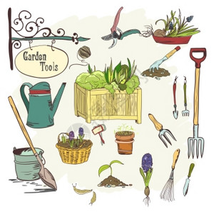 手工绘制的园艺工具,用于植物,花卉,农业农业矢量插图图片
