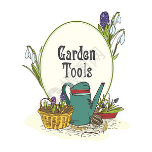 手绘铲子工具手绘园艺工具标志与浇水罐,绿色树苗幼苗矢量插图插画