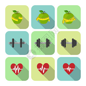 健身运动运动进展图标集心率饮食哑铃孤立矢量插图图片