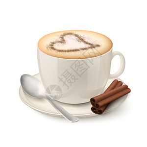 白色勺子侧观看现实的米色杯,充满咖啡奶油装饰的肉桂图案的心脏矢量插图的形式插画